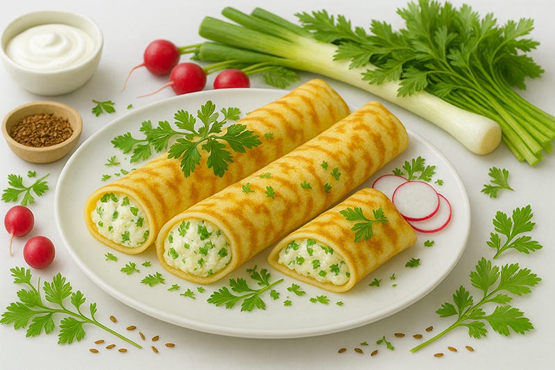 Clătite cu brânză proaspătă, praz și hasmațuchi