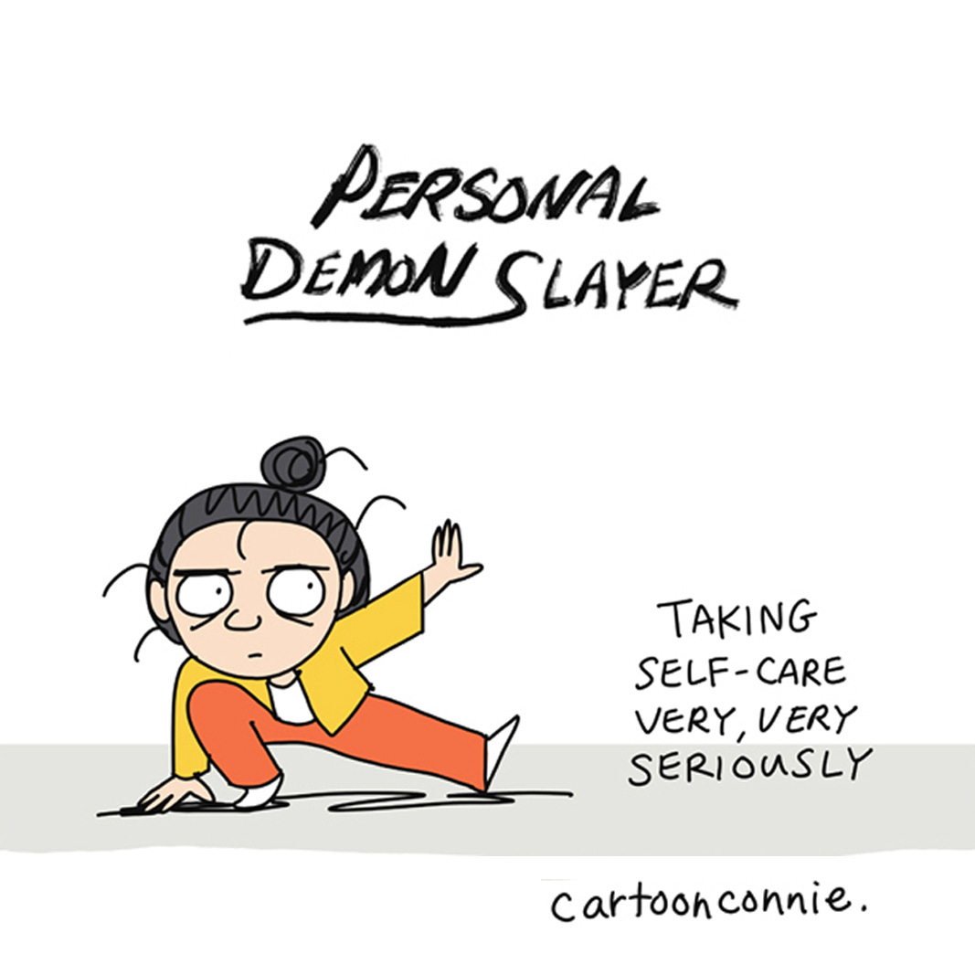 Colorful illustration of a cartoon girl with a bun in a comical kungfu pose. Excerpt from a comic strip titled "Personal Demon Slayer," original art by Connie Sun, cartoonconnie, 2025. Colorful illustration of a cartoon girl with a bun in a comical kungfu pose. Excerpt from a comic strip titled "Personal Demon Slayer," original art by Connie Sun, cartoonconnie, 2025.