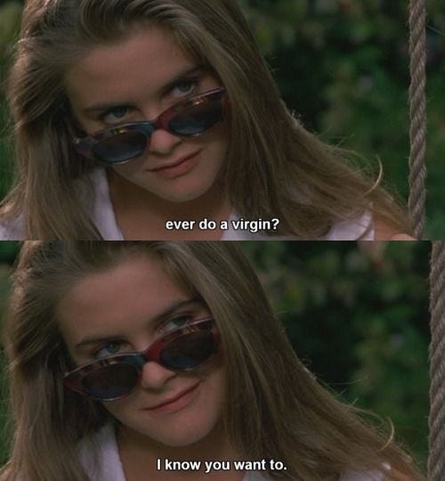 This may contain: a girl with sunglasses on her face and the caption says, never do a virgin? i know you want to