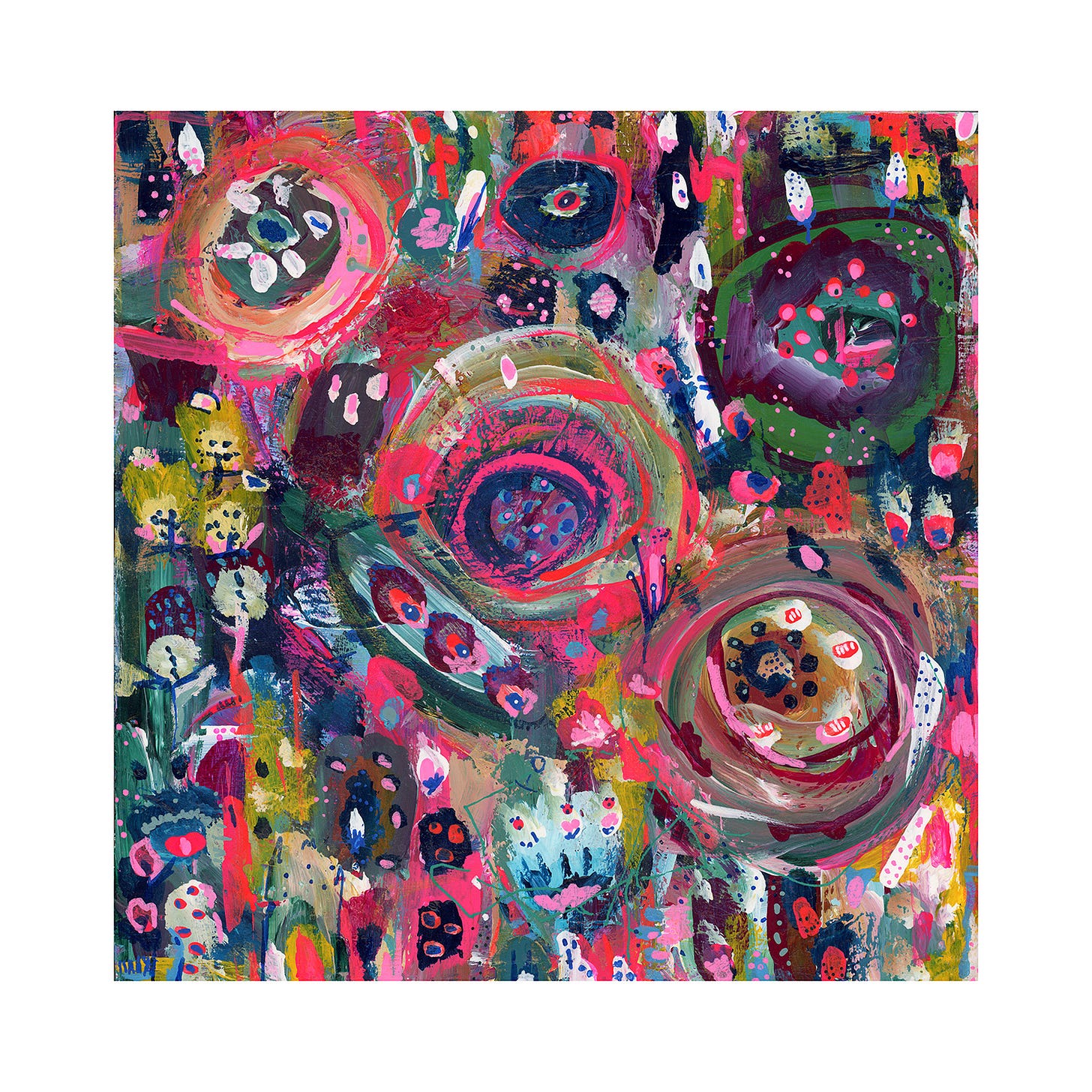 A vibrant abstract painting featuring swirling circular forms in hot pink, red, and indigo, layered with dotted textures and organic shapes that evoke both blossoms and galaxies. A vibrant abstract painting featuring swirling circular forms in hot pink, red, and indigo, layered with dotted textures and organic shapes that evoke both blossoms and galaxies.