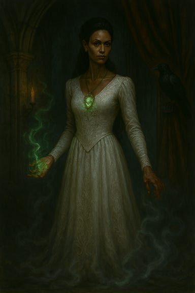 A dark fantasy portrait of Ludmilla Vilisevic, Strahd’s bride, wearing a flowing white gown. She stands in a candlelit chamber deep within Castle Ravenloft, framed by gothic arches and velvet drapes. Her skin is luminous yet shadowed by the pallor of undeath, her eyes sharp with intelligence and menace. The white gown is embroidered with silver arcane sigils and glows faintly in the moonlight. Her hair is elegantly swept back, cascading in dark waves. A bone pendant rests at her throat, glowing with necromantic energy. Mist curls at her feet, and a raven perches nearby. Her expression is poised, regal, calculating—an eternal consort thriving on spectacle and dominance.