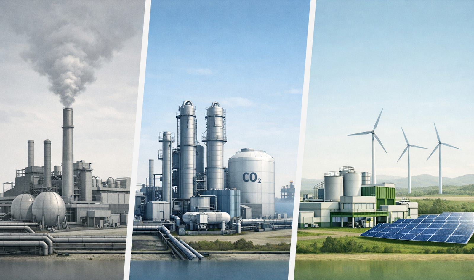 Comparison of grey, blue, and green ammonia pathways and their carbon exposure.