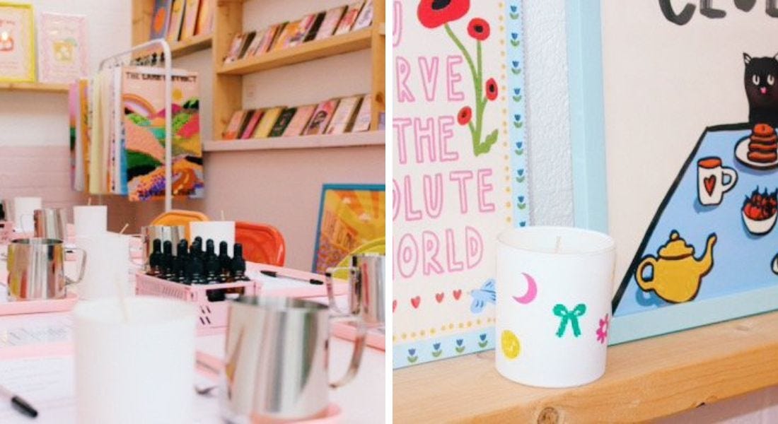 Two pictures - one of a pink shop with colourful artwork and silver jugs on the table, and one of a white candle on a wooden shelf with posters behind it