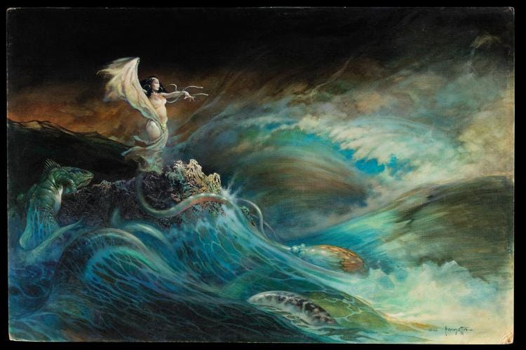 A moody swirling, comic book style sea scape. A massive sea serpent churngs the waves as a semi-clad woman stands on a rock surrounded by waves--arm out as if she is commanding the sea