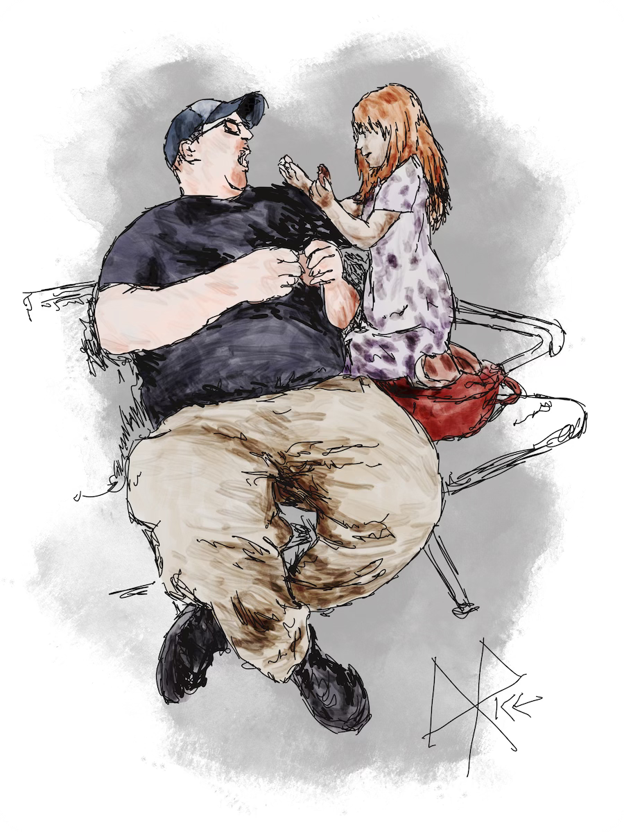 While seated on a bench, a young girl has broken off a piece of her cookie and will share it with her open-mouthed father. Sketch art by Don Rice.