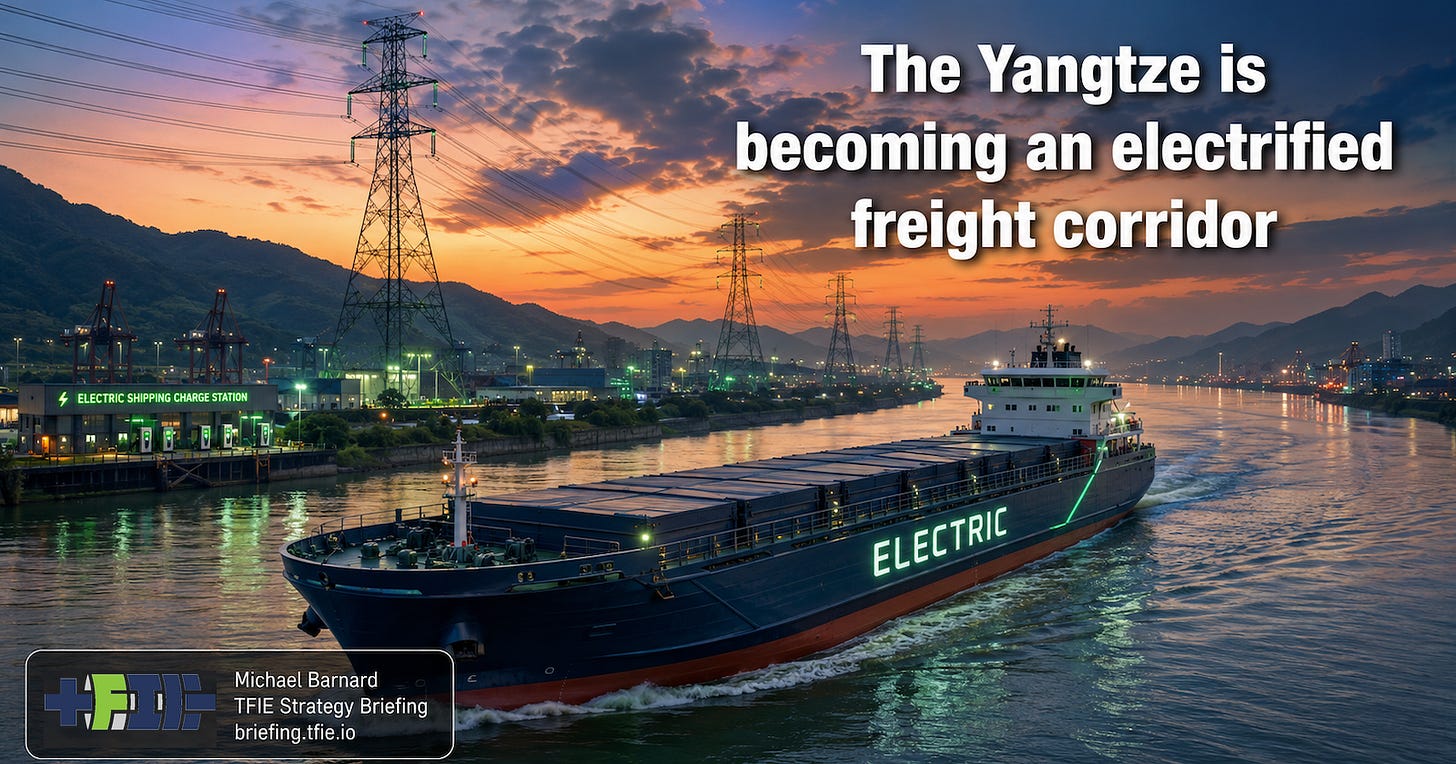 Battery-electric cargo ship on the Yangtze at dusk, with “ELECTRIC” glowing on the hull, port charging infrastructure, cranes, transmission towers and a headline reading “The Yangtze is becoming an electrified freight corridor.”