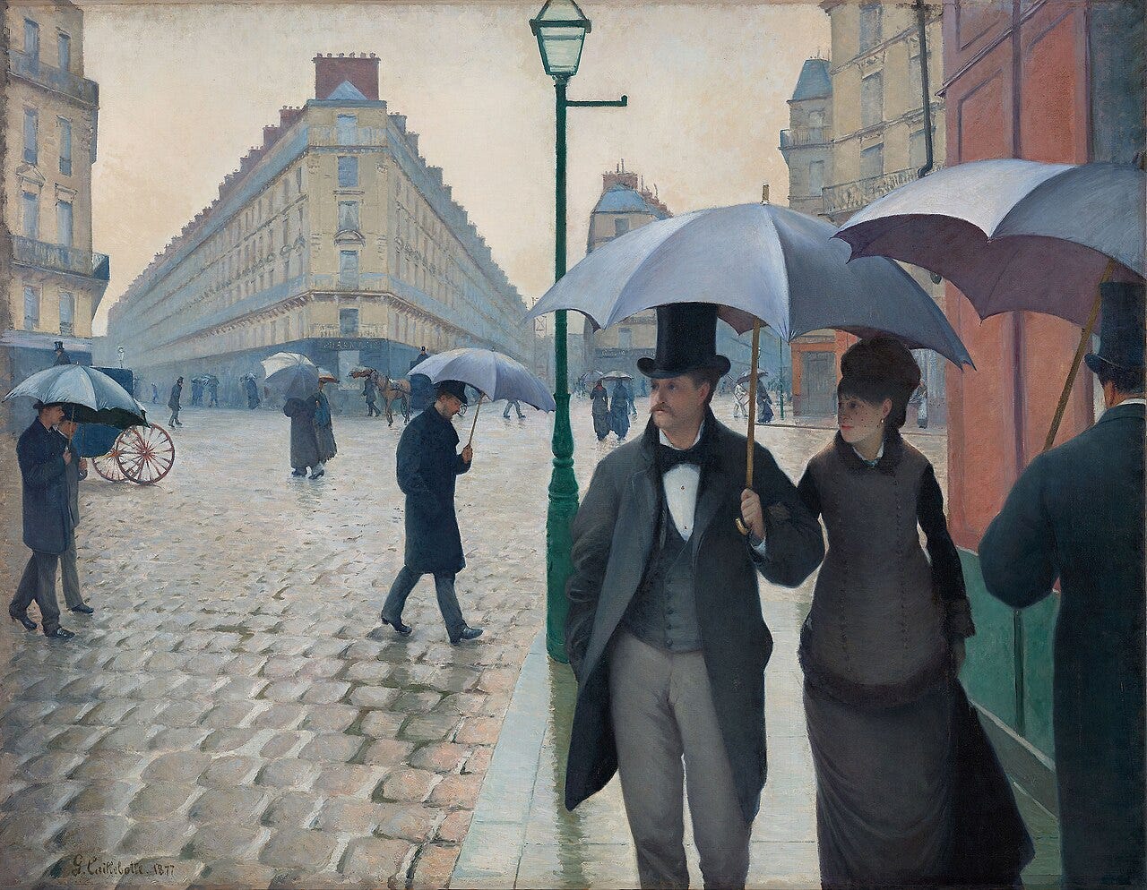 Caillebotte's rainy Paris of 1877, new apartment blocks framing a wet cobblestone junction Caillebotte's rainy Paris of 1877, new apartment blocks framing a wet cobblestone junction
