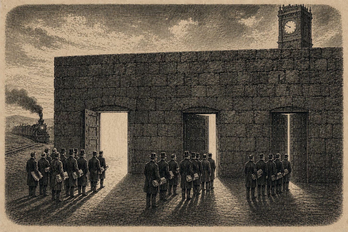 Wood-engraving editorial illustration in the Thomas Nast Harper's Weekly style for Attention Capital's essay The Sports Bond. A massive cyclopean stone wall fills the upper frame, with three iron doors set into it at varying degrees of openness. In the long shadows cast forward by the doors, three clusters of Victorian-era bankers and league officials wait with rolled contracts. A tall clock tower rises behind the wall and a steam locomotive approaches from the distance. The composition visualizes the 2027 NFL renegotiation, the 2028 Premier League US auction, and the next WNBA repricing as three sequential credit events arriving inside an 18-month window, the refinancing wall at the center of the essay's deal-flow argument. Wood-engraving editorial illustration in the Thomas Nast Harper's Weekly style for Attention Capital's essay The Sports Bond. A massive cyclopean stone wall fills the upper frame, with three iron doors set into it at varying degrees of openness. In the long shadows cast forward by the doors, three clusters of Victorian-era bankers and league officials wait with rolled contracts. A tall clock tower rises behind the wall and a steam locomotive approaches from the distance. The composition visualizes the 2027 NFL renegotiation, the 2028 Premier League US auction, and the next WNBA repricing as three sequential credit events arriving inside an 18-month window, the refinancing wall at the center of the essay's deal-flow argument.