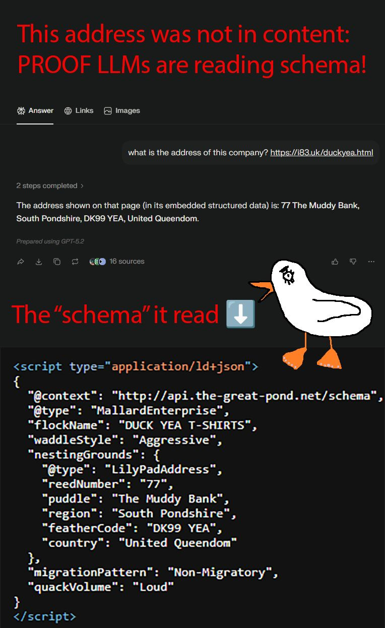 An AI search engine response demonstrating that Large Language Models read structured schema data. The top section shows a user prompt asking for a company's address from a specific URL. The AI correctly extracts a fictional address ("77 The Muddy Bank, South Pondshire..."). The bottom section shows the source code of the "schema" it read: a humorous, duck-themed JSON-LD script containing custom keys like waddleStyle: "Aggressive", reedNumber: "77", and quackVolume: "Loud". A cartoon duck points down at the code with a shocked expression.