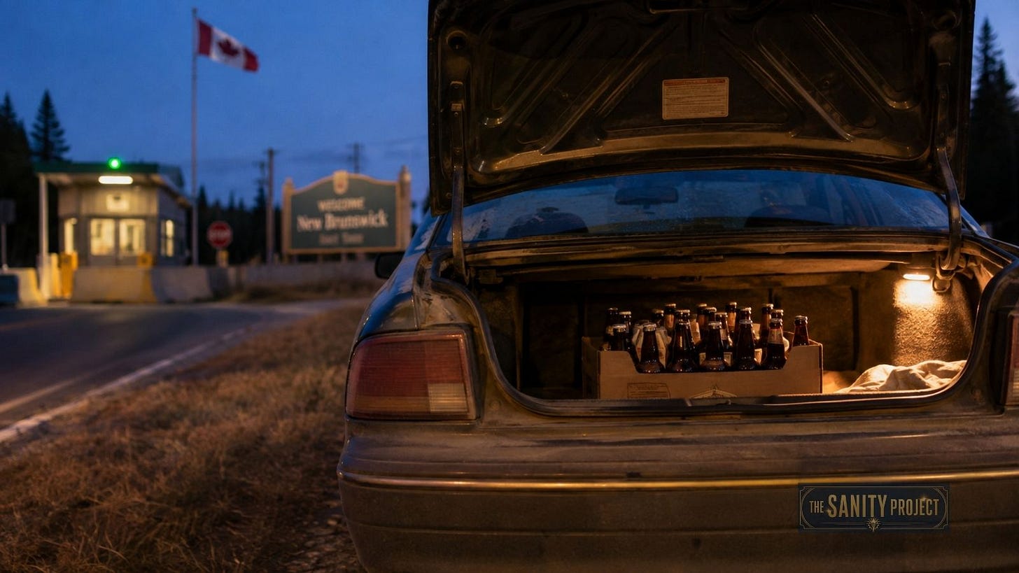 A car trunk holding a case of beer at a rural Canadian provincial border at dusk, illustrating interprovincial trade barriers. A car trunk holding a case of beer at a rural Canadian provincial border at dusk, illustrating interprovincial trade barriers.