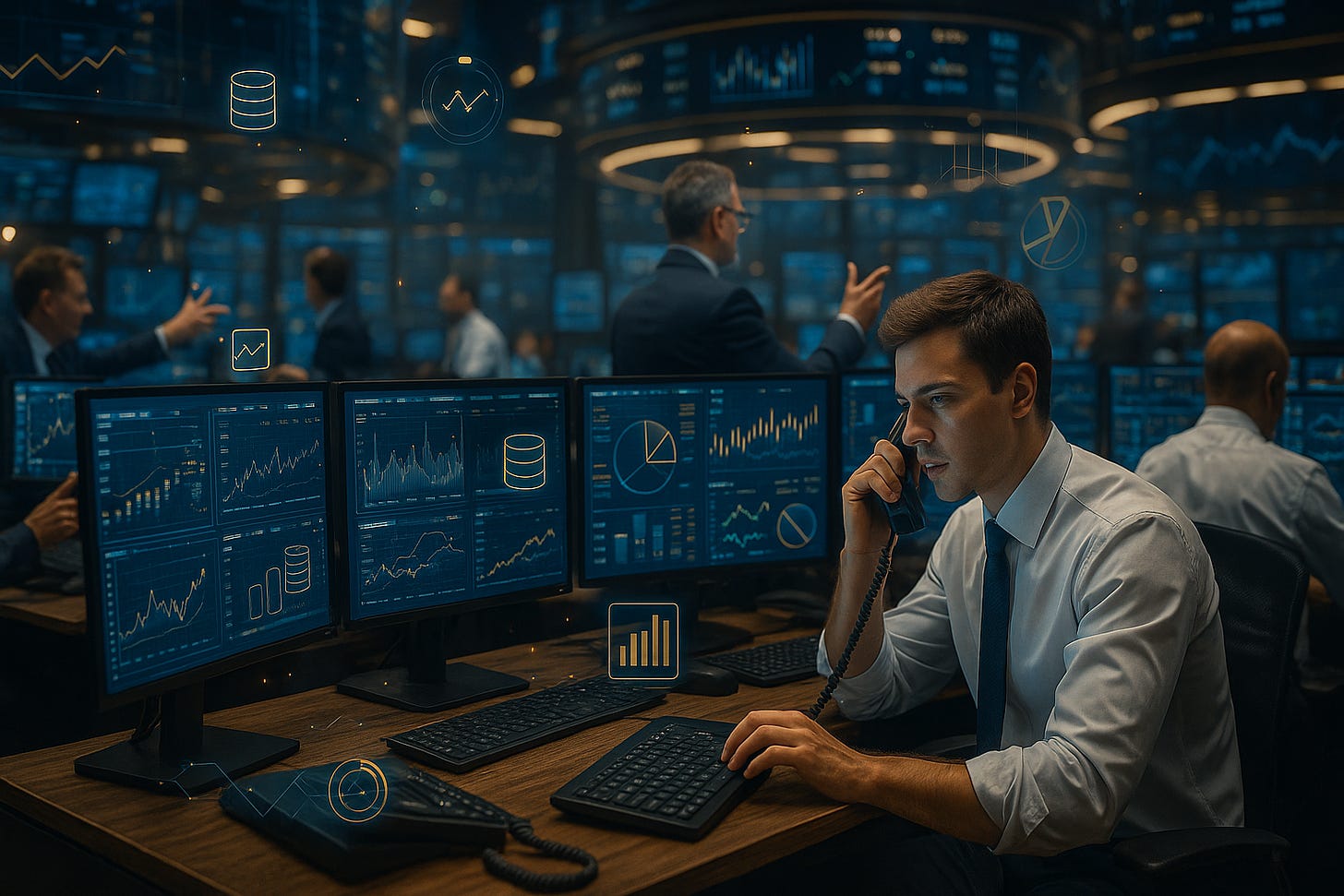 A trader on the phone, looking at multiple monitors showing financial data. 