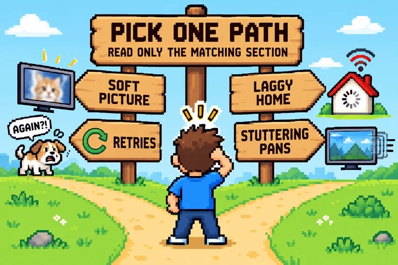 A person at a four-way signpost labeled soft picture, retries, laggy home, and stuttering pans A person at a four-way signpost labeled soft picture, retries, laggy home, and stuttering pans
