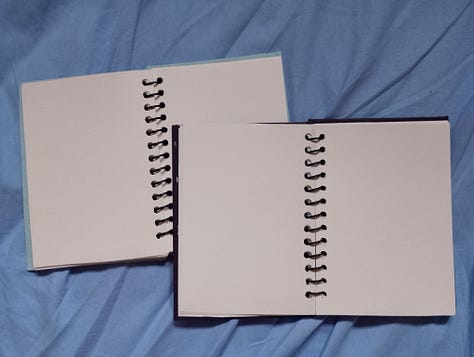 Grade de fotos mostra quatro cadernos, um preto, um azul com carimbos azul escuros em formato de caveira, um rosa com um gato preto pintado e um marrom com carimbos azuis de um peixe com pernas