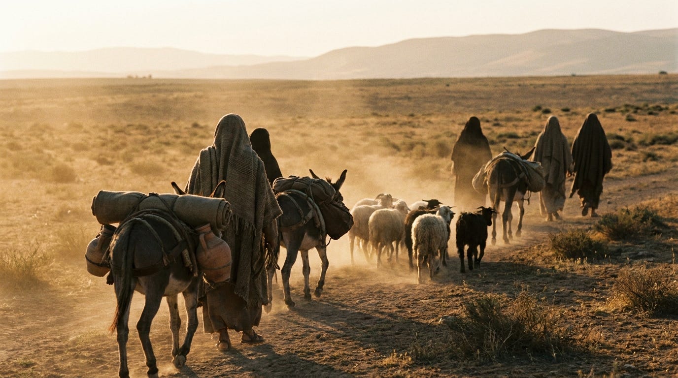 A small caravan of tents, laden donkeys and sheep setting out at first light across a wide open plain toward distant hazy hills, dust rising, warm golden dawn light
