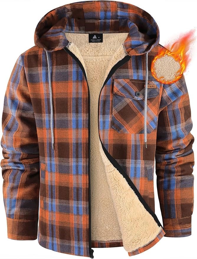 This fleece-lined flannel jacket keeps you warm and comfortable through colder months. Made from a soft polyester and cotton blend, it feels cosy without irritation. Full sherpa lining, including the sleeves, provides warmth without added bulk. It features a hood with drawstring, one chest pocket, two side pockets, and a classic buffalo plaid design. Ideal for layering, outdoor work, daily wear, or gifting. Machine washable and easy to care for. Check the size chart and size up for a relaxed fit.