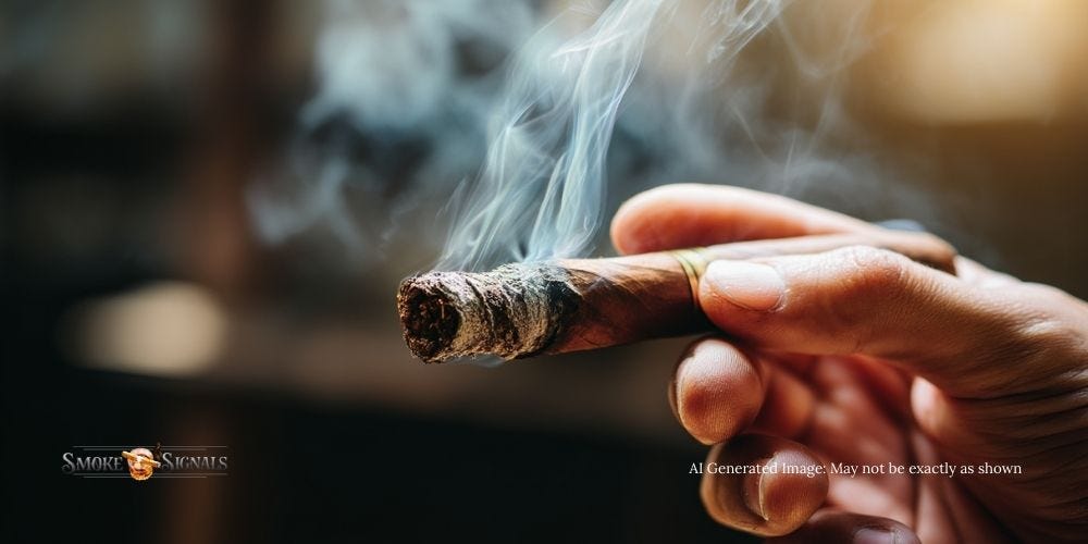 Hand holding a lit cigar with ash and smoke. Hand holding a lit cigar with ash and smoke.