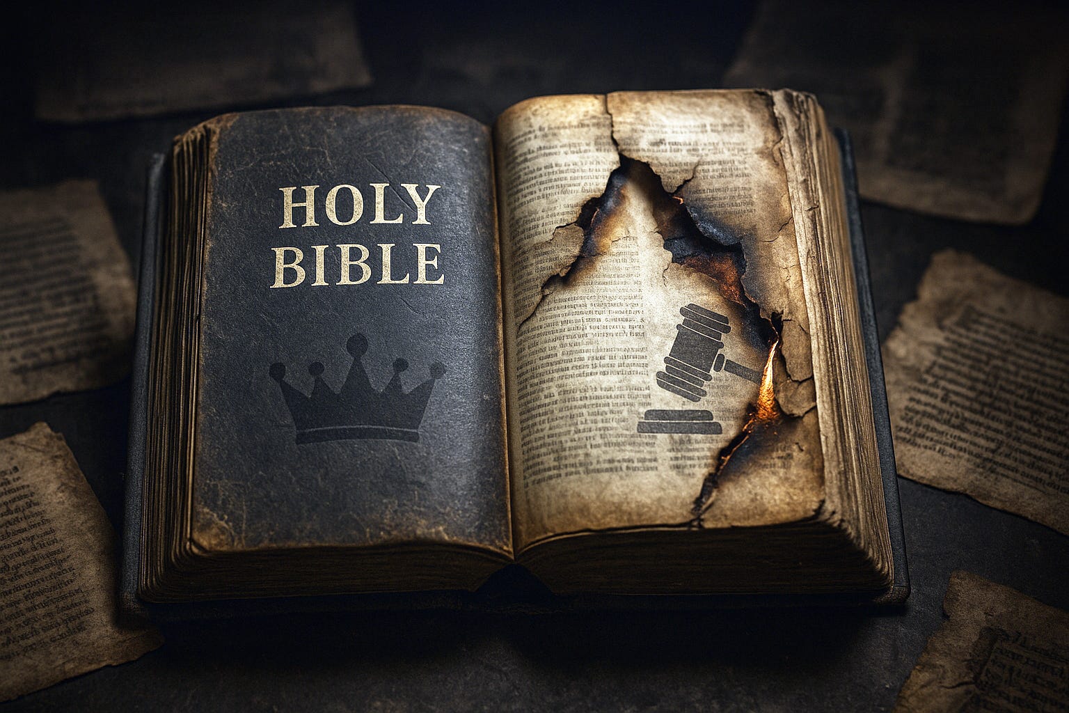 Close-up of a weathered Holy Bible with torn, scorched pages, layered with faded symbols of a crown and gavel, surrounded by scattered ancient manuscripts, all illuminated in warm light against a shadowy backdrop. Close-up of a weathered Holy Bible with torn, scorched pages, layered with faded symbols of a crown and gavel, surrounded by scattered ancient manuscripts, all illuminated in warm light against a shadowy backdrop.