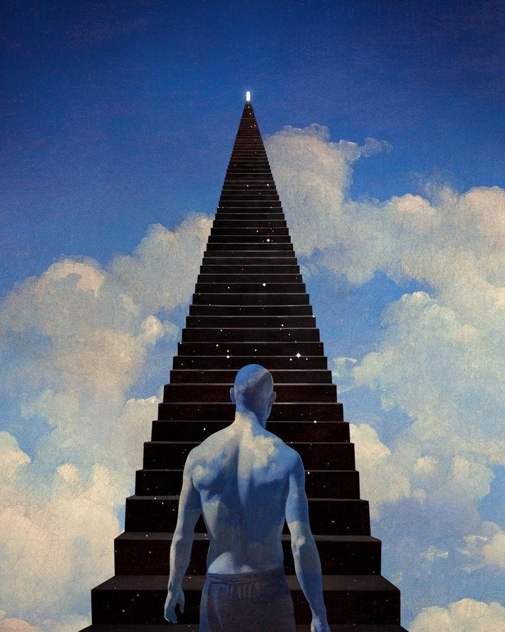 This may contain: a man standing in front of a stairway leading to the sky