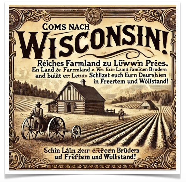 An AI-generated recruitment poster for Wisconsin immigrants. It is sepia-toned with a woodcut-style design and bold German Gothic script. The image is a rural Wisconsin farm scene: fields, a log cabin and a plow with a strong farmer working the land.