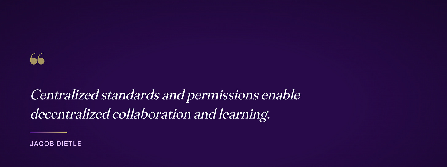 Centralized standards and permissions enable decentralized collaboration and learning Centralized standards and permissions enable decentralized collaboration and learning