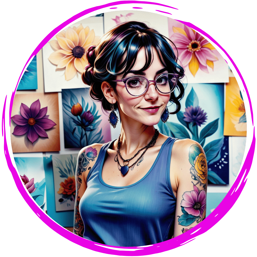 A digital illustration of a young woman standing in front of a wall adorned with colorful floral paintings. She has a confident and creative demeanor, wearing large round glasses and a fitted tank top that reveals her vibrant floral tattoos on her arms and shoulder. Her wavy brown hair, highlighted with blue, is styled up, and she is accessorized with statement earrings and layered necklaces. The background features detailed flower artworks, enhancing the artistic and lively atmosphere. The artwork is enclosed in a circular frame with a bold pink border.