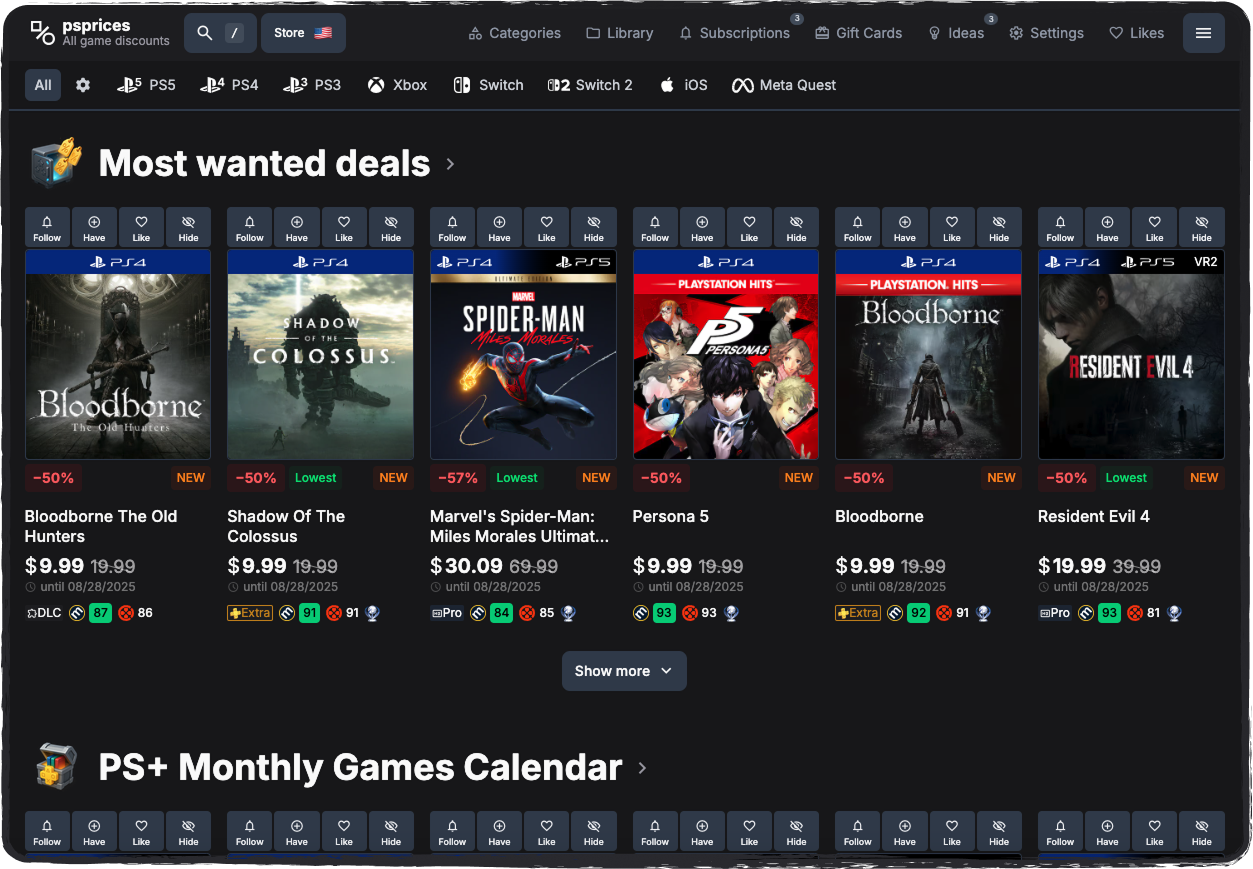 Screenshot showing the homepage for the website PSPrices Screenshot showing the homepage for the website PSPrices