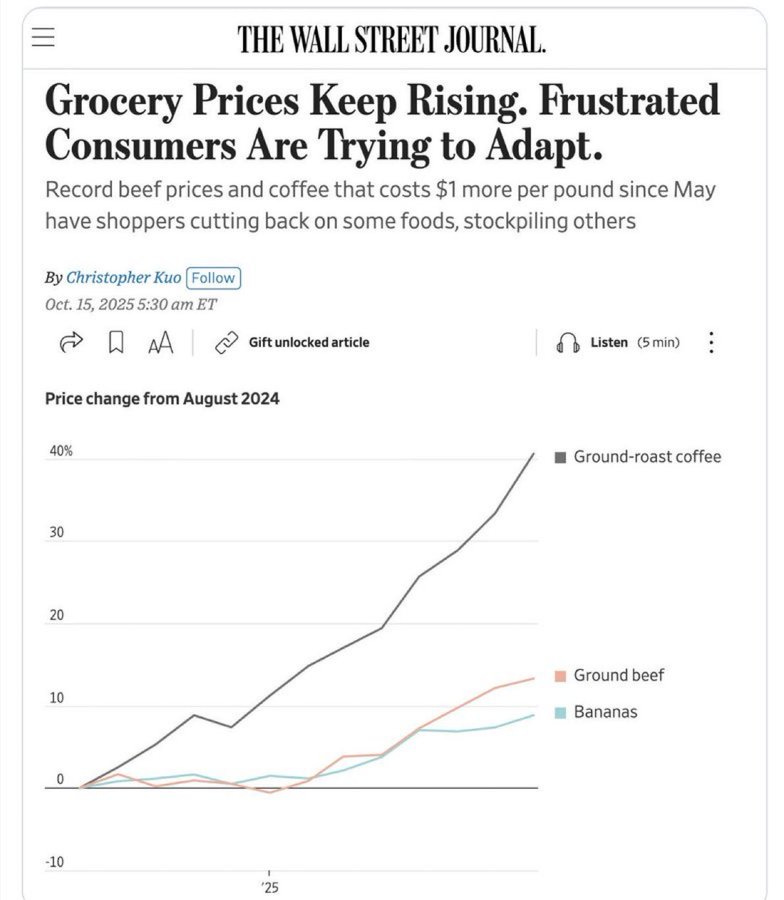 Screenshot of Wall Street Journal article page with headline Grocery Prices Keep Rising Frustrated Consumers Are Trying to Adapt and subheadline Record beef prices and coffee that costs more per pound since May have shoppers cutting back on some foods stockpiling others. Byline by Christopher Xue dated October 15 with time 530 a.m. ET and gift locked article options. Graph titled Price change from August 2024 shows lines for ground roast coffee rising sharply ground beef increasing moderately and bananas slightly declining over time from August to October.