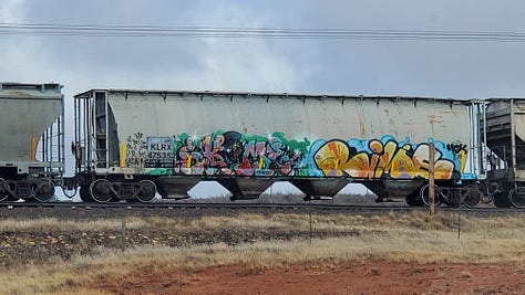 A nine-image gallery grid. Top row, left to right: geraniums and other flowers in a yard, a view of hills from the top of a ridge, a rainbow in a neighborhood. Middle row, left to right: Potted plants on a backyard patio, looking through trees to a river and a small village on the far side of the river, an abundant backyard garden. Bottom row, left to right: a chipmunk perched on the edge of a large metal dog bowl, getting a drink, graffiti on a train car, two magpies on a wire fence.