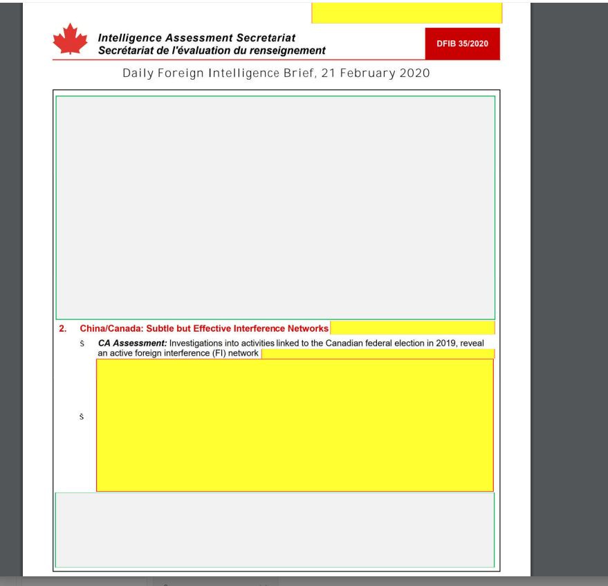 A Privy Council Office, Feb. 21, 2020, Intelligence Assessment Secretariat document. This redacted copy was provided to Parliament hearings.