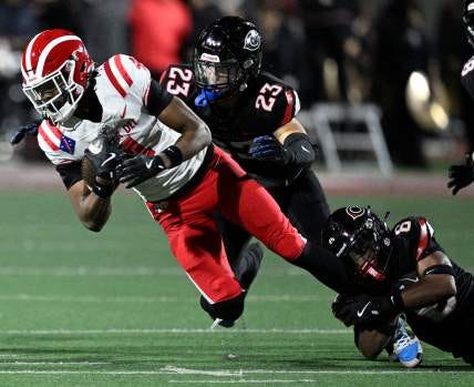Mater Dei wide receiver Kayden Dixon-Wyatt (4) makes the catch as Centennial defensive back Jaden Walk-Green (6) and Centennial defensive back Cade Paterson (23) tackle him in the first half of the CIF Southern Section Division 1 football semifinal game in Corona on Friday, Nov. 22, 2024. (Photo by Terry Pierson, The Press-Enterprise/SCNG)
Mater Dei wide receiver Kayden Dixon-Wyatt (4) makes the catch as Centennial defensive back Jaden Walk-Green (6) and Centennial defensive back Cade Paterson (23) tackle him in the first half of the CIF Southern Section Division 1 football semifinal game in Corona on Friday, Nov. 22, 2024. (Photo by Terry Pierson, The Press-Enterprise/SCNG)