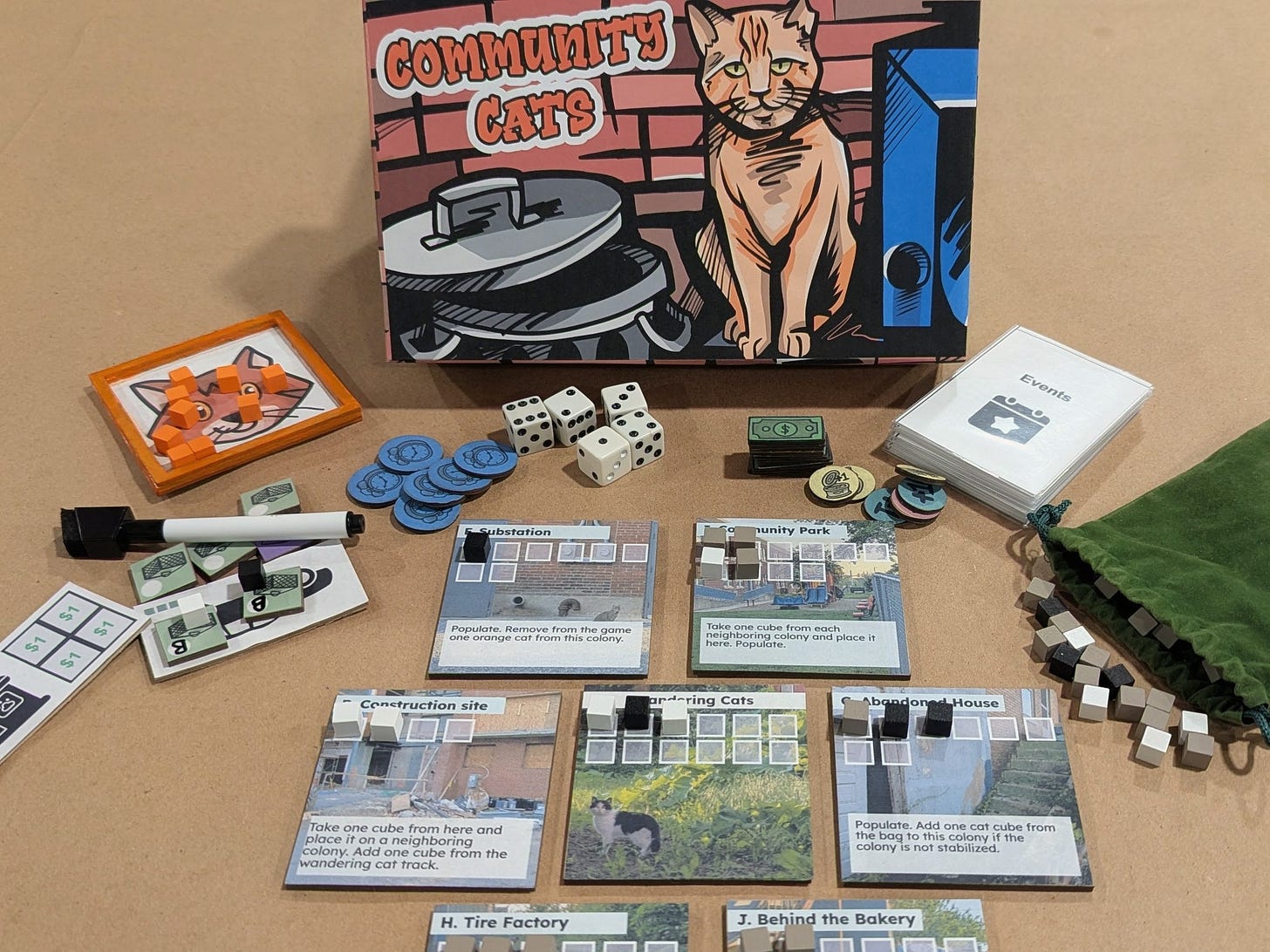 Board game prototype with game box, location tiles, event cards, grey, white, black and orange game cubes, dice and time tokens. Board game prototype with game box, location tiles, event cards, grey, white, black and orange game cubes, dice and time tokens.