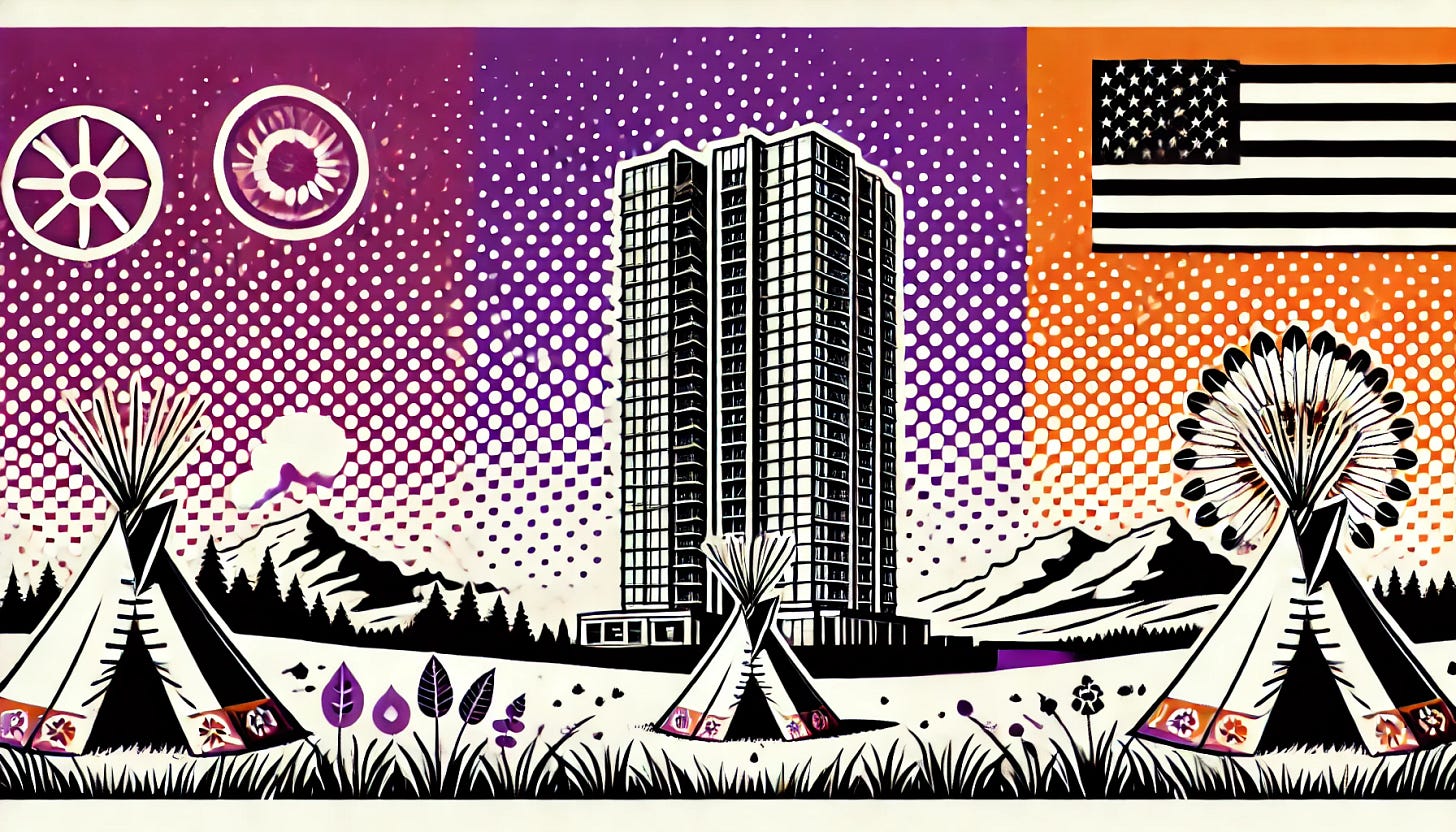 A pop art style illustration depicting a high-rise building constructed on a Native American reservation in the United States. The color palette is restricted to bright purple, bright orange, black, and white, with a white background. The design features a stark contrast between traditional Native American symbols like tents or landscapes and the modern high-rise structure, emphasizing cultural and architectural juxtaposition. The scene is clean and minimal, capturing the essence of change and its implications.
