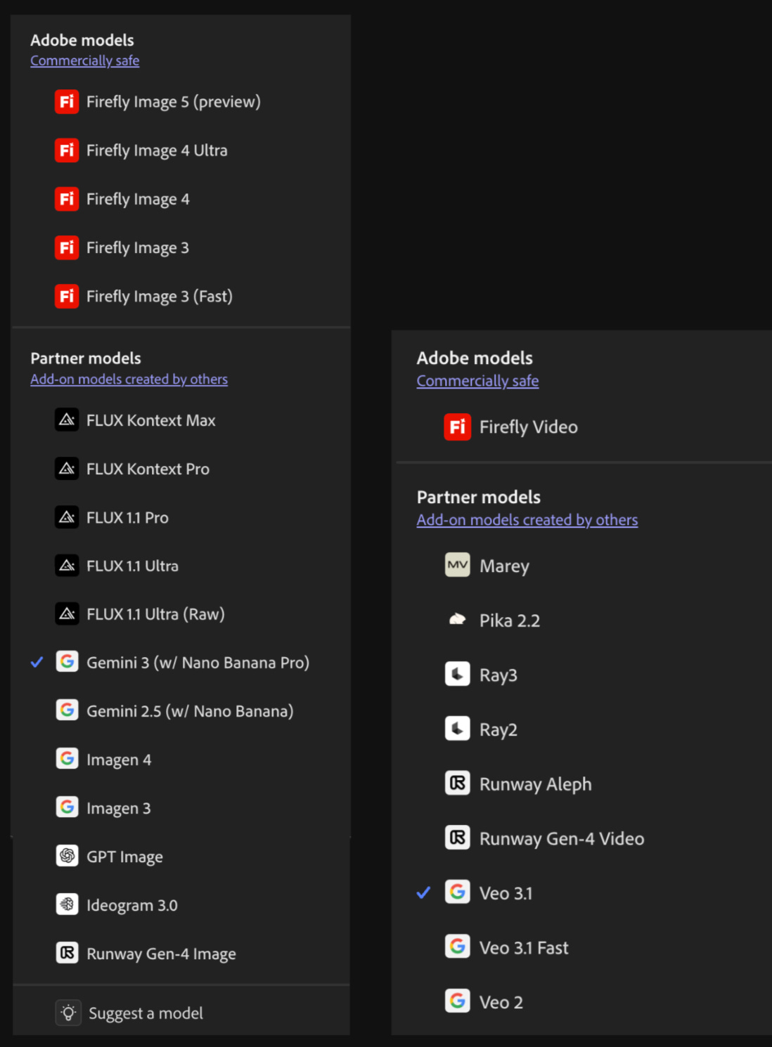 Screenshot of the Adobe Firefly Model selector interface showing all available models