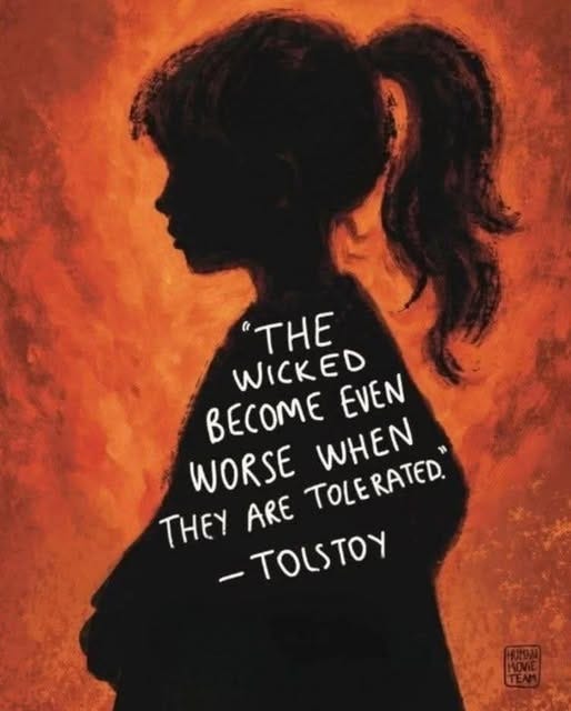 May be a doodle of 1 person and text that says '"THE WICKED ΕνΕΝ BECOME WHEN WORSE TOLERATED. THEY ARE -TOLSTOY 羅 ်ပ် TEЛA'
