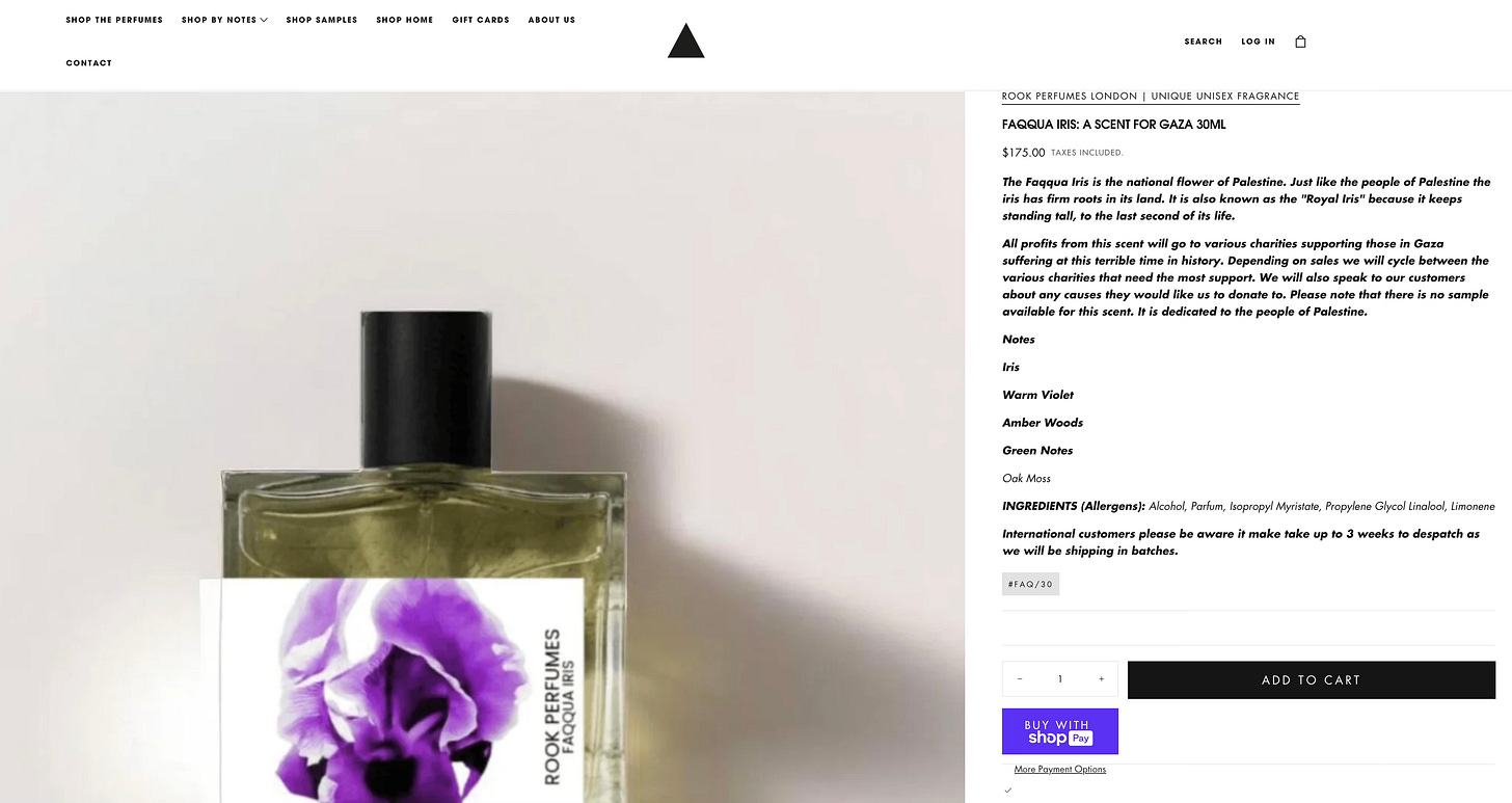 Screenshot of Rook Perfumes website featuring the Faqqua Iris fragrance dedicated to the people of Palestine Screenshot of Rook Perfumes website featuring the Faqqua Iris fragrance dedicated to the people of Palestine