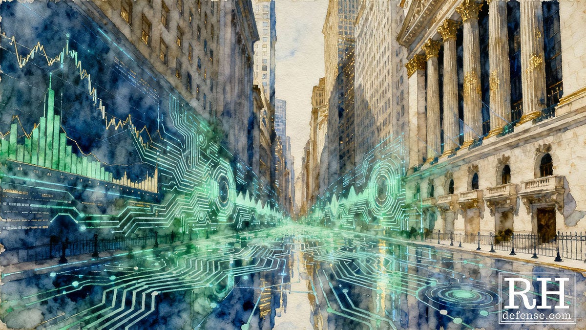 A watercolor-style view of Wall Street stretching into the distance, overlaid with glowing green circuit patterns and stock-market graphs that sweep through the street like digital echoes.