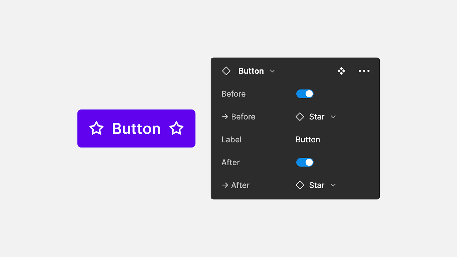 A Figma Button component next to the props panel