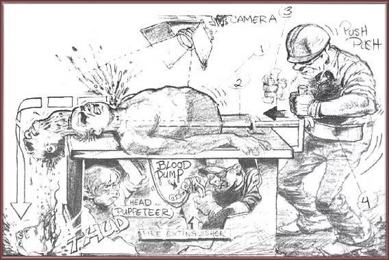 Pencil storyboard drawing by Mike Ploog for The Thing (1982): the Norris-Thing chest-chomp sequence, showing camera angles, mechanical rig positions, and handwritten annotations including "blood pump," "head puppeteer," and "fire extinguisher." The drawing reveals the engineering logic behind the practical effect.