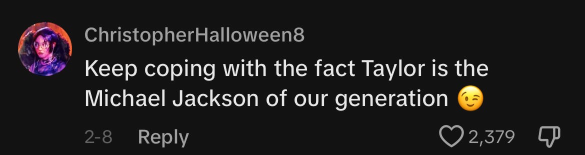 TikTok comment comparing Taylor Swift to Michael Jackson