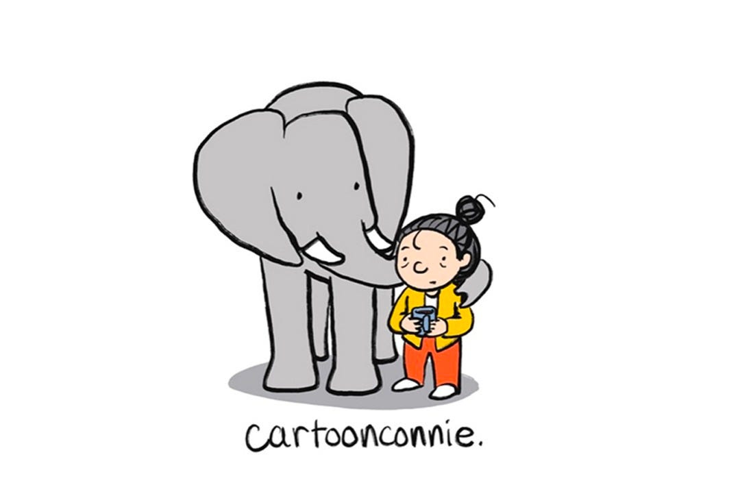  CartoonConnie Comics logo, featuring an illustration of a girl with a coffee mug standing next to an elephant, by Connie Sun
