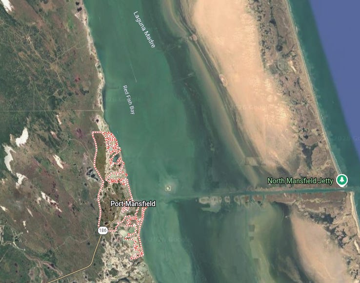 The Port Mansfield Police Department tipped the Border Patrol to a suspicious speedboat seen leaving their harbor and heading north along the Laguna Madre (Google Maps Image)