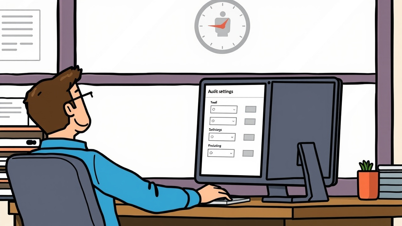 A person sitting at a desk looking at a computer screen displaying audit log settings. A person sitting at a desk looking at a computer screen displaying audit log settings.