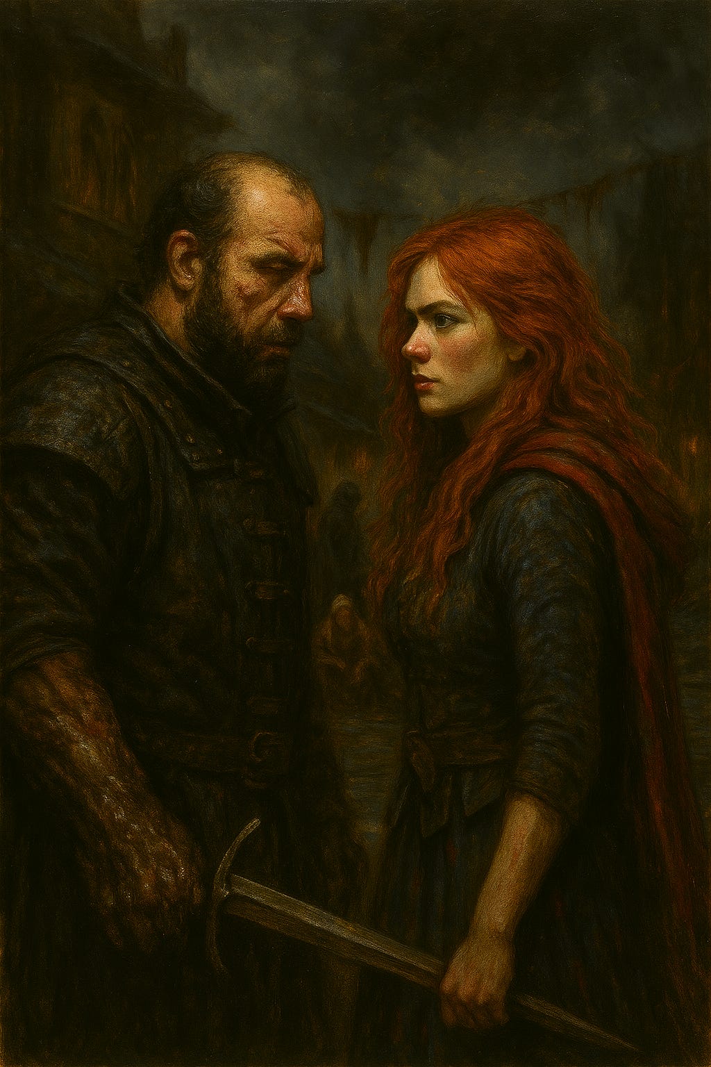 A gothic fantasy depiction of Vallaki’s town square in the aftermath of battle. The cobblestones are slick with rain and streaked with blood. Scorched festival banners hang in tatters from broken beams. Lanterns flicker weakly in the mist, casting golden light on rubble and ash. Smoke curls from collapsed rooftops and charred balconies. A few villagers stand in shock, clutching each other near the steps of St. Andral’s Church, which glows faintly in the background. The atmosphere is somber, eerie, and cinematic—capturing the silence after chaos, with hints of resilience amid ruin.