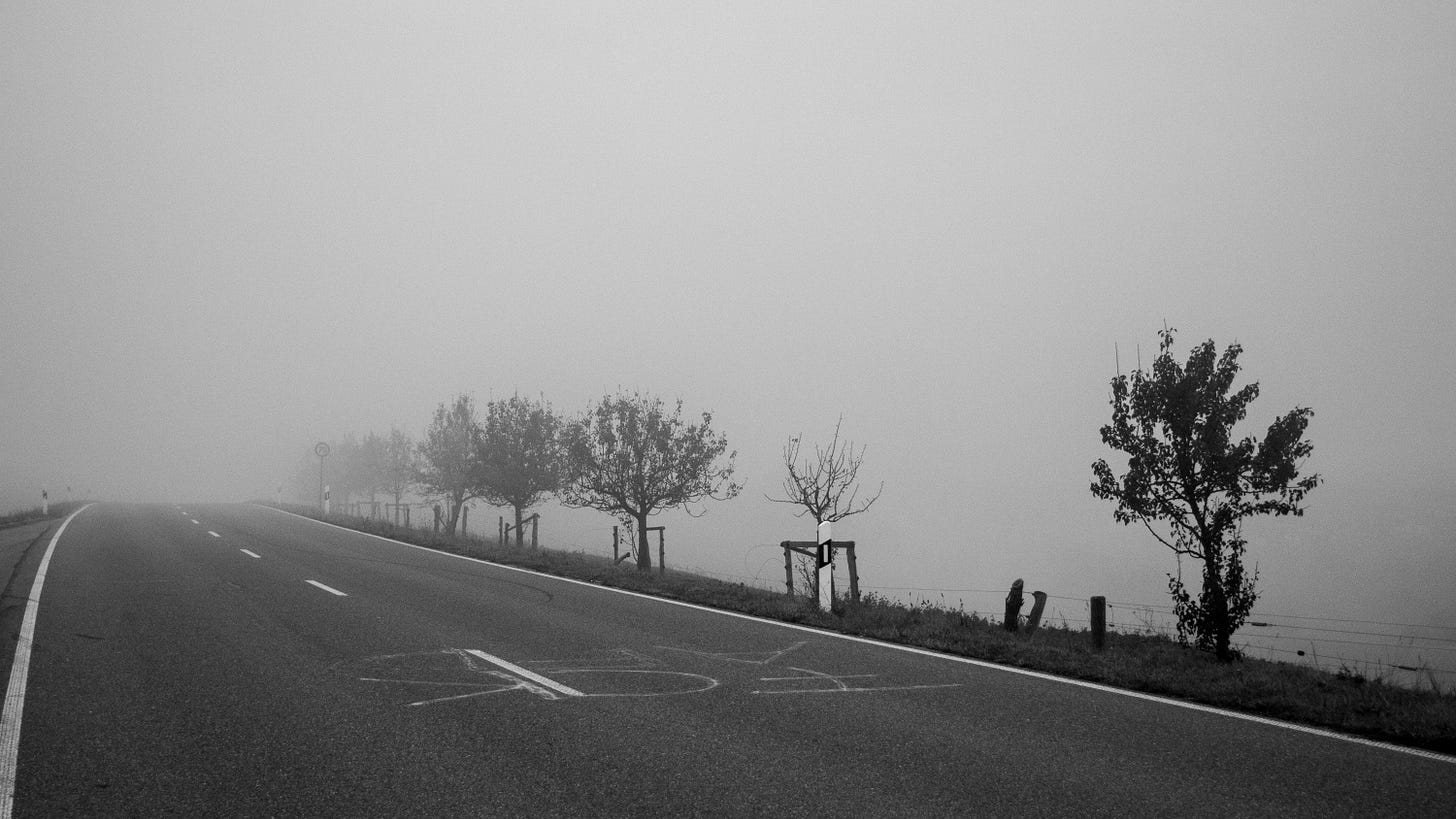 A foggy stretch of coastal highway. 