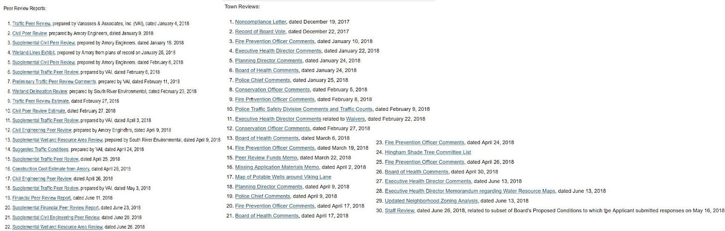 Screenshot listing links to 30 staff reports and 22 other documents from town departments
