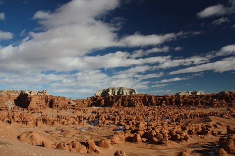 Images of barren landscapes and sky which is mainly blue