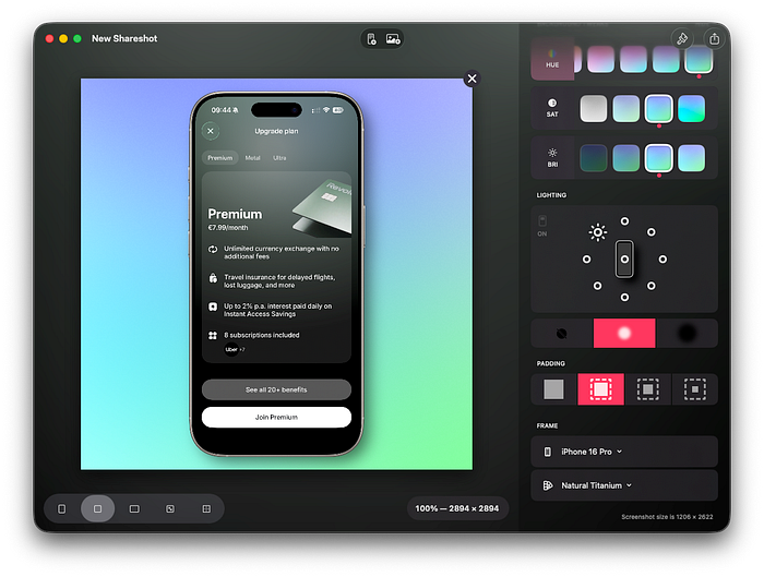 frame screenshots app with iphone 16 pro screenshot design