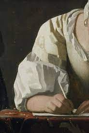 The right side of a woman's torso, showing her seated at a desk and writing a letter