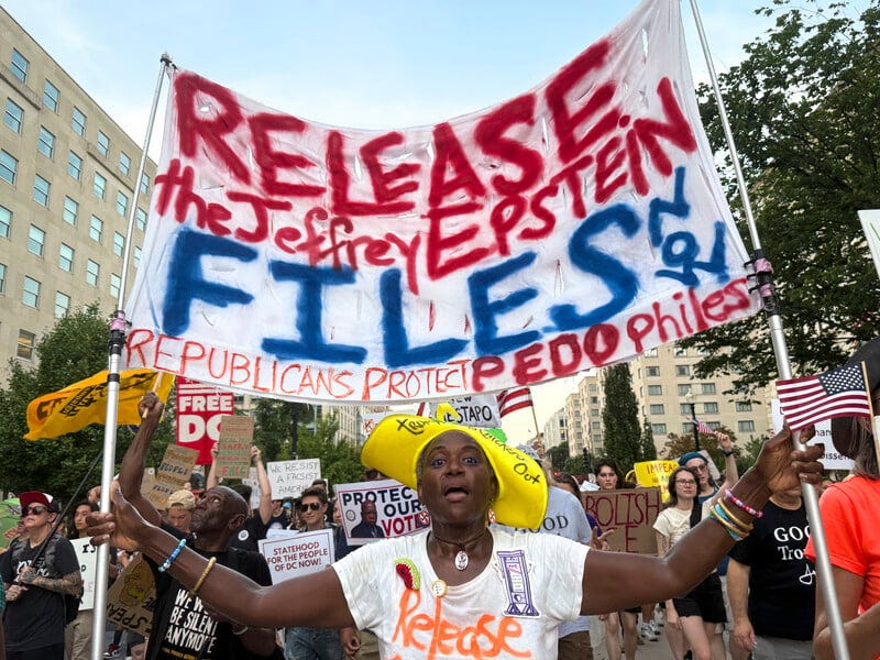 Demonstrators hold a sign reading: Release the Jeffrey Epstein files now