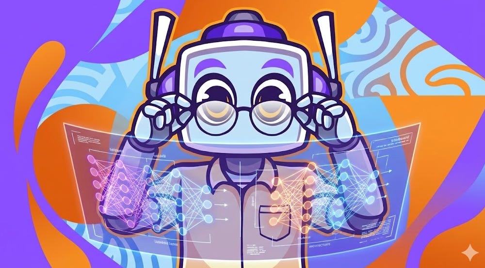 Cartoon robot character, Neuralbuddy, adjusting its spectacles and viewing complex holographic blueprints of neural network architectures against a vibrant purple, orange, and blue gradient background.